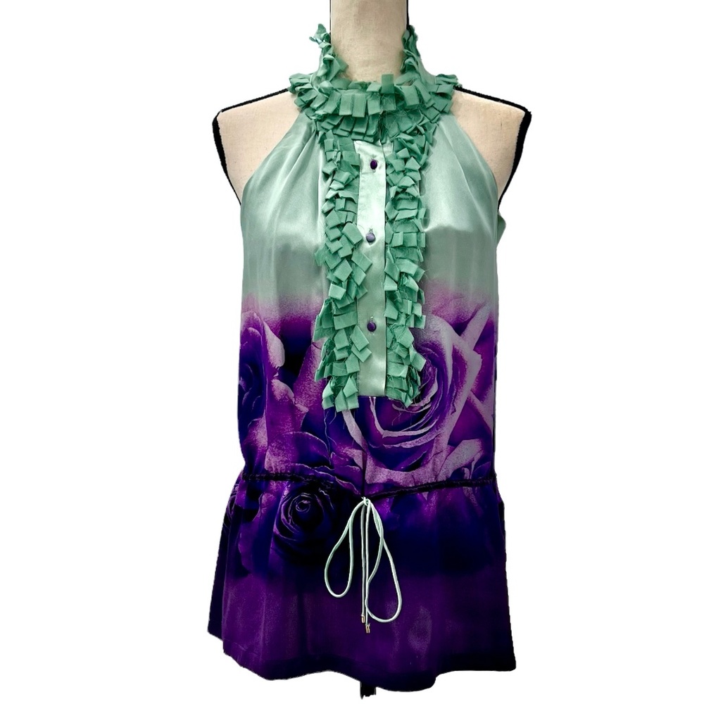 ROBERTO CAVALLI GREEN AND PURPLE FLORAL SILK DRAWSTRING TUNIC W RUFFLES AT NECK